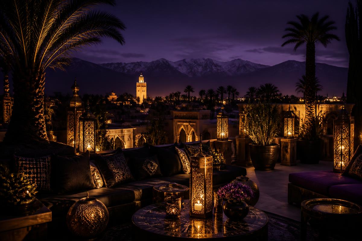 Palais et jardins de Marrakech au crépuscule