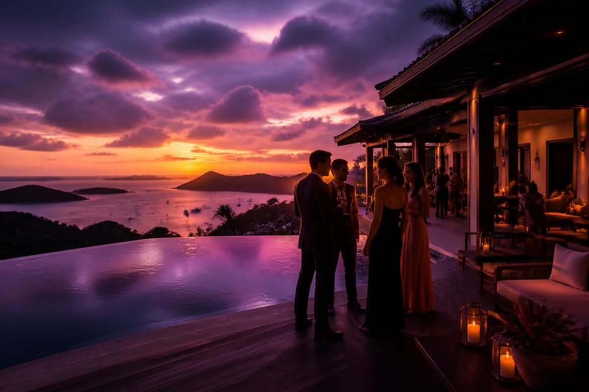 Terrasse de villa à Saint-Barth au crépuscule